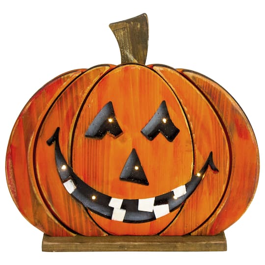 13" LED Lighted Jack-O-Lantern Wooden Halloween Decoration